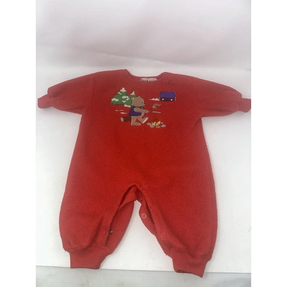 Vintage‎ Baby Outfit Koala Kids 3-6M Red Camping Teddy Bear Snap Buttons